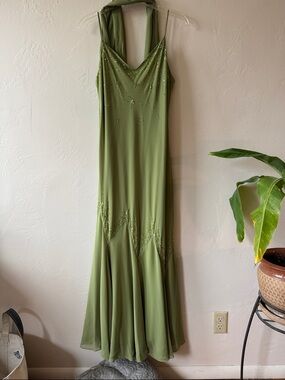 Olive Green Beaded Halter Evening Gown